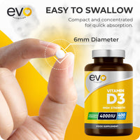 EVO NUTRITION Vitamin D 4000IU High Strength Supplement | 400 Vitamin D3 Tablets - 13 Months' Supply | VIT D3 | One-a-Day | High Absorption Cholecalciferol | Made in UK