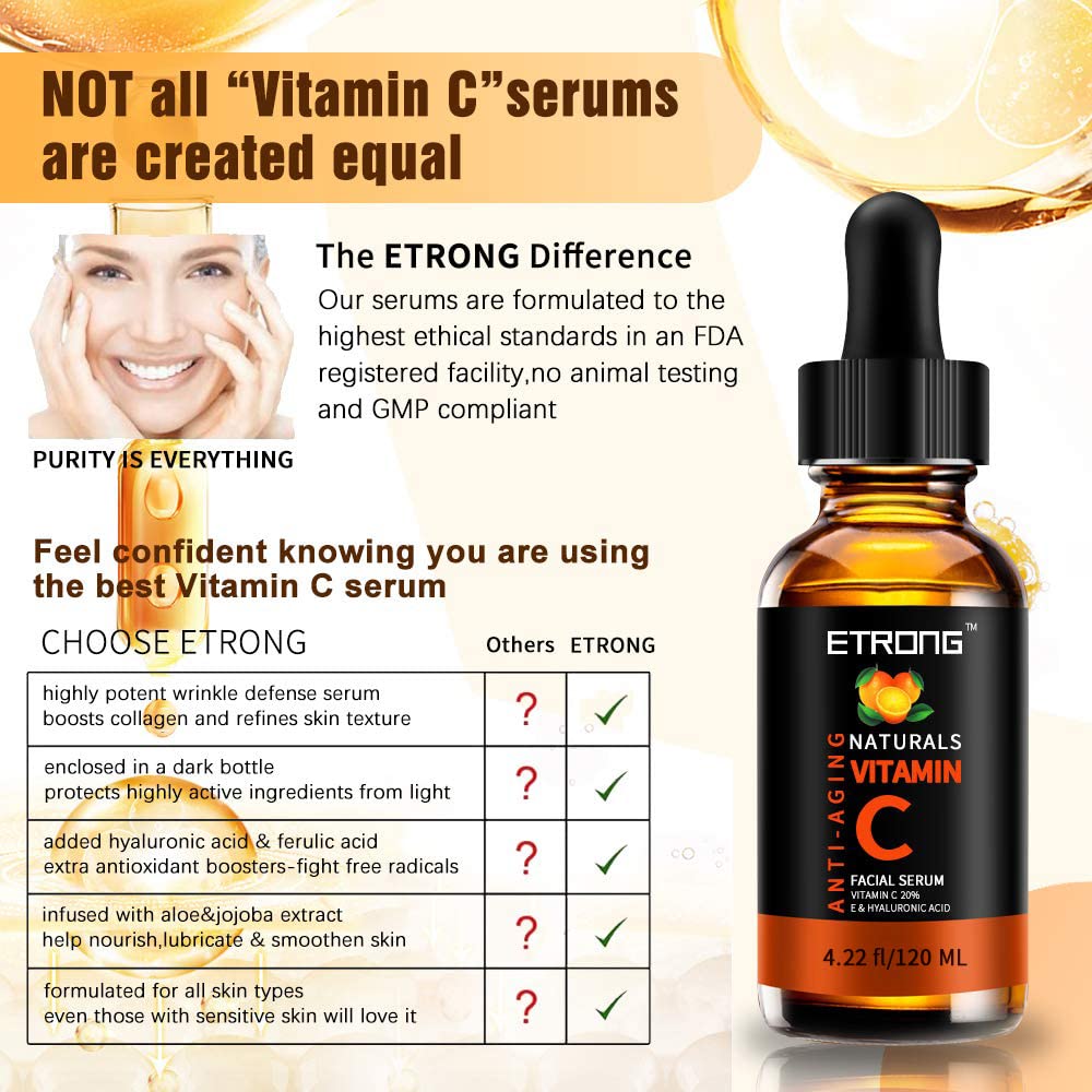 Vitamin C Serum Face with Hyaluronic Acid,Vitamin E,20% Vitamin C for Anti-wrinkle,Dark Circle,Fine Lines and Sun damage – Restore&Boost Collagen (120 ML)