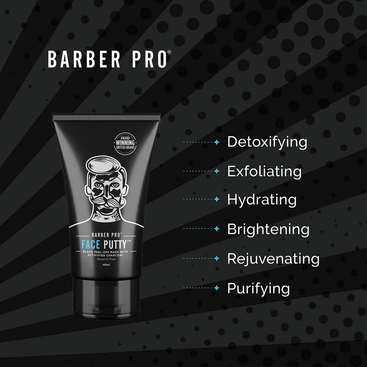 BARBER PRO Face Putty Peel Off Mask with Activated Charcoal | Detoxifying, Cleansing, & Brightening | Peel Off Face Masks | Mens Skincare |