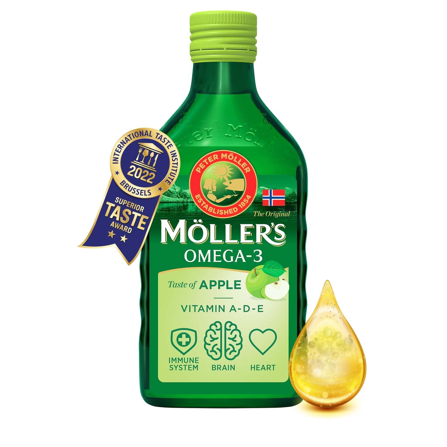 MÖLLER'S Moller’s ® | Omega 3 Cod Liver Oil | Omega-3 Dietary Supplements with EPA, DHA, Vitamin A, D and E | Superior Taste Award | Pure & Natural cod Liver Oil | 166 Year Old Brand | Apple | 250 ml