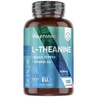 WeightWorld L-Theanine 408mg - 180 Capsules - 6 Months Supply | with Vitamin B6 & Black Pepper | 1 Capsule per Day | Vegan, Gluten-Free & Non-GMO - L Theanine Supplement for Men & Women - Made in Europe