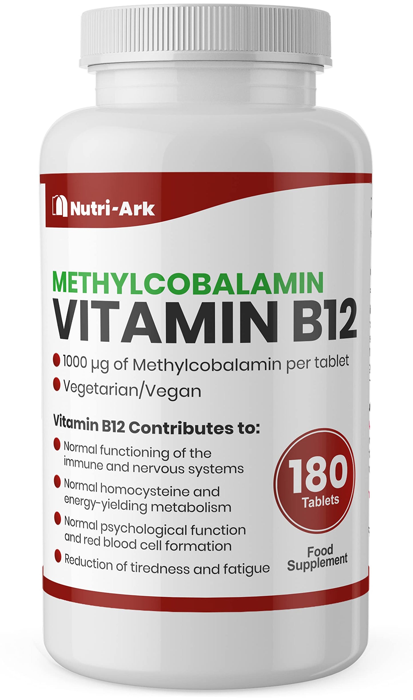 Vegan Vitamin B12 Methylcobalamin 1000mcg 180 Tablets (6 Months Supply) Made in The UK by Nutri-Ark