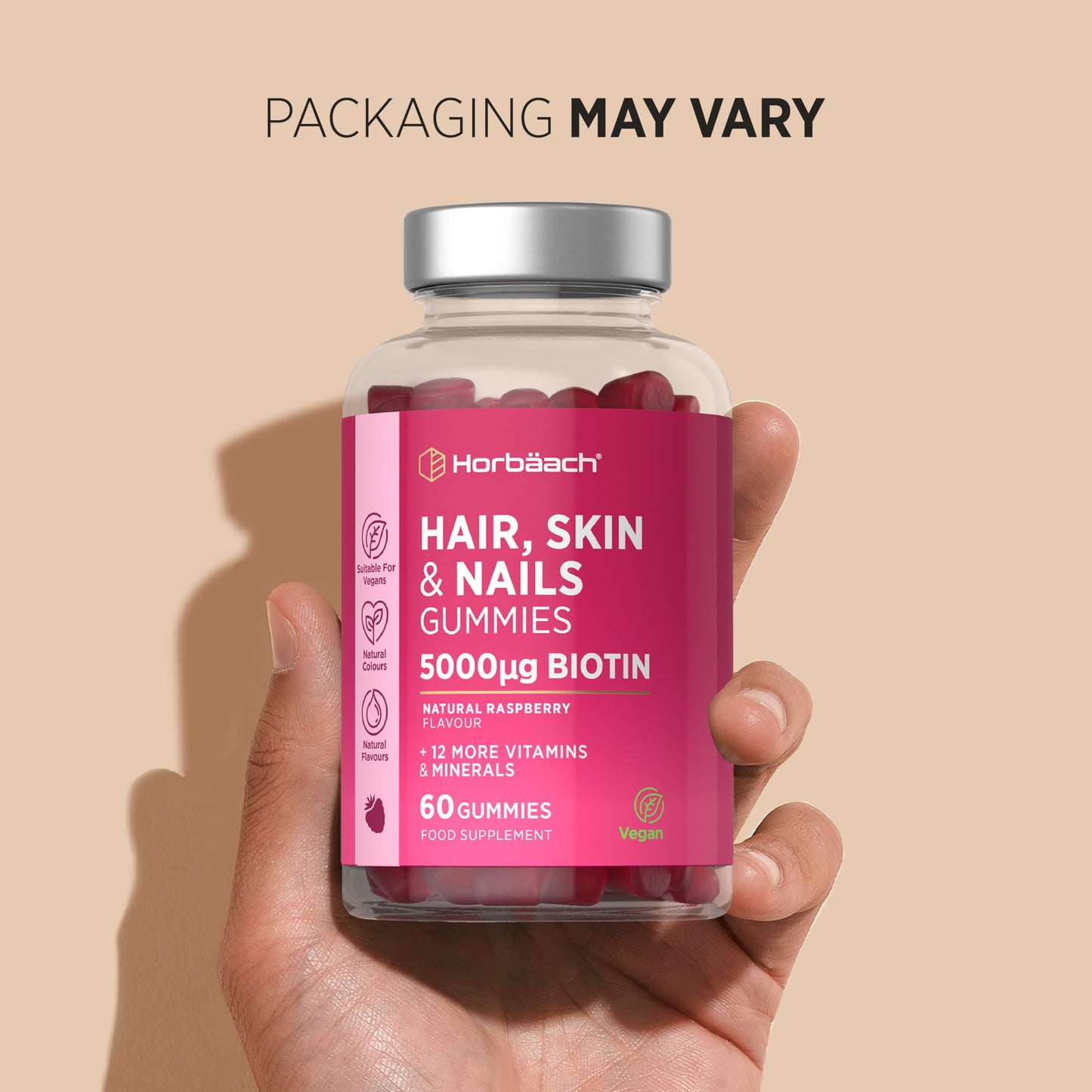 Horbäach Hair Skin and Nails Vitamins | 5000mcg Biotin | Hair Growth Vitamins | with Added Zinc, Vitamin C, E & More! 60 Vegan Gummies | Supplement for Women and Men | by Horbaach