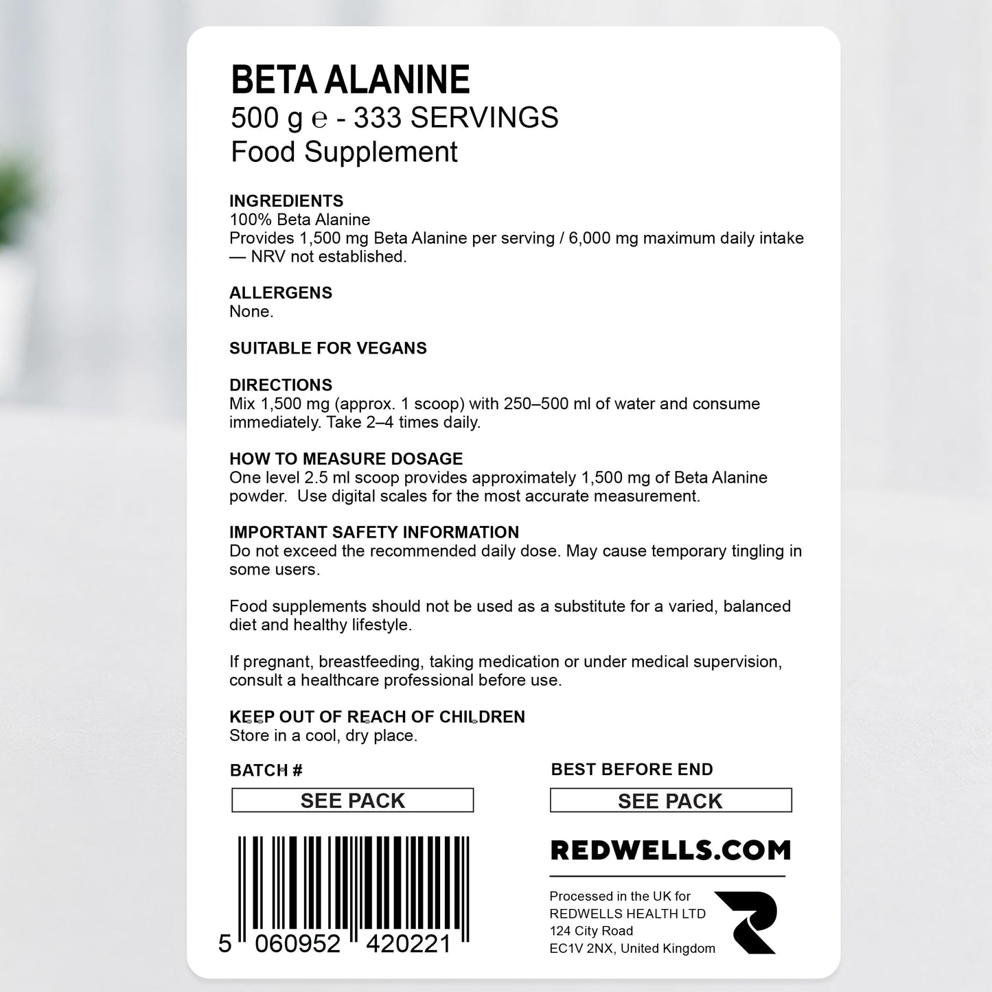 Beta Alanine Powder REDWELLS Premium Quality No Additives Amino Acid - 500g Pack