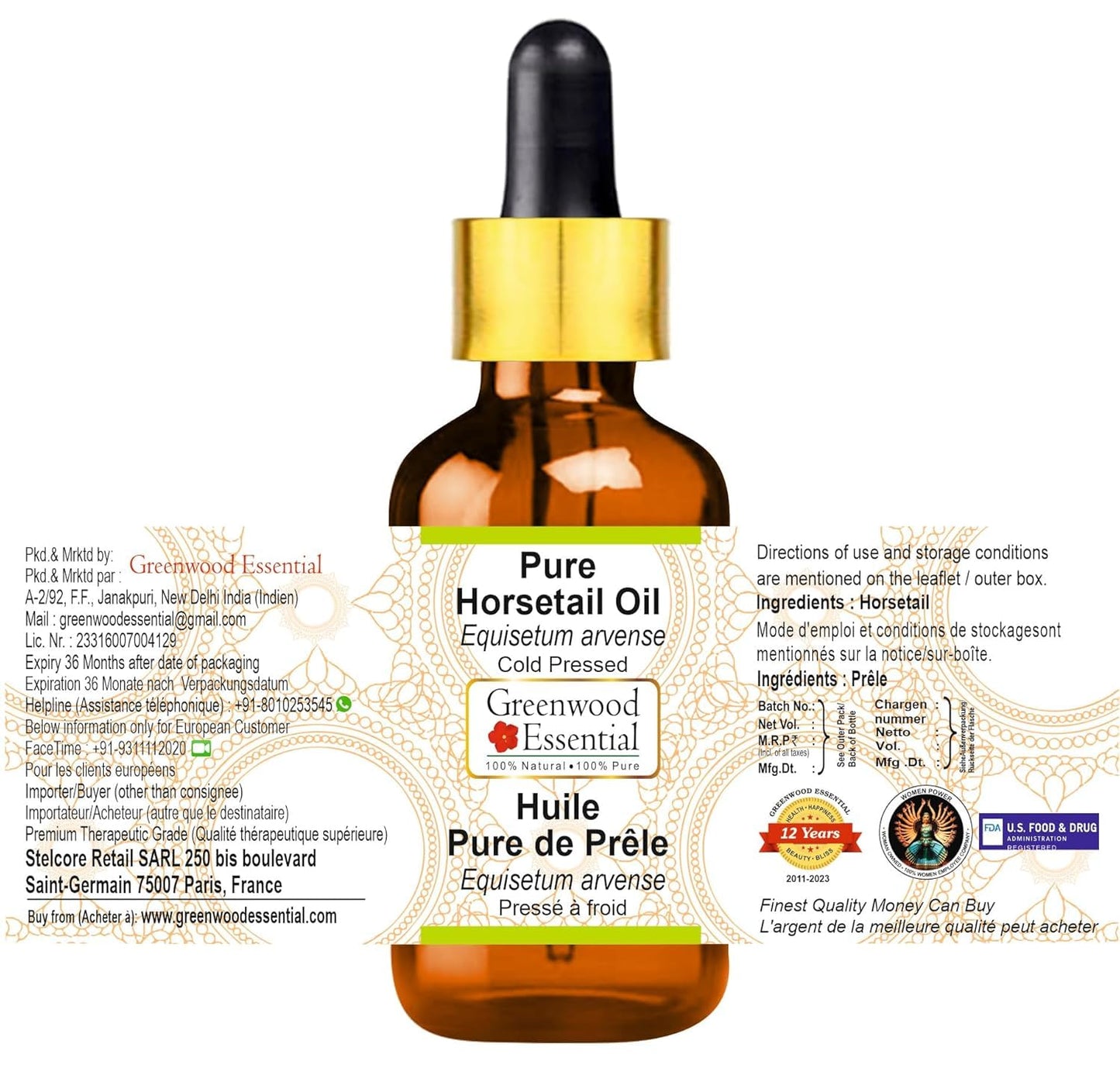 Greenwood Essential Pure Horsetail Oil (Equisetum arvense) with Glass Dropper Cold Pressed 50ml (1.69 oz)