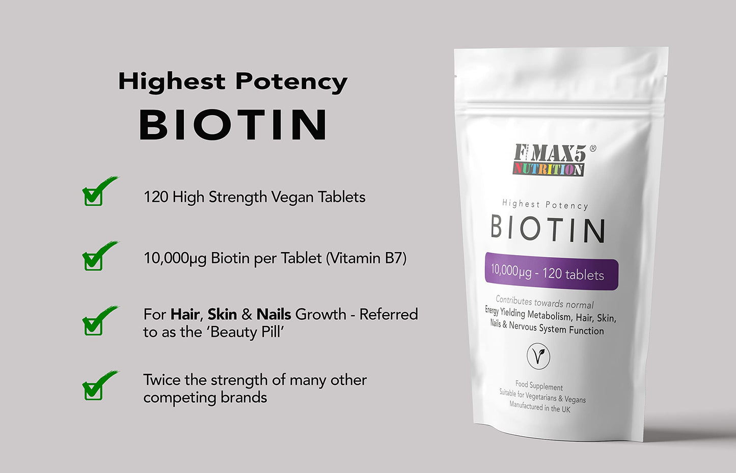 Biotin Hair Growth Supplement, 30-365 Tablets (1 Month to Full Year Supply) Biotin 10,000mcg by FMax5 Supplements (120)