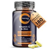 Vitamin C and Zinc | High Strength Vitamin C Capsules | 1200mg VIT C and Zinc 25mg Per 2 Capsule Daily Serving | By Clearwave Health