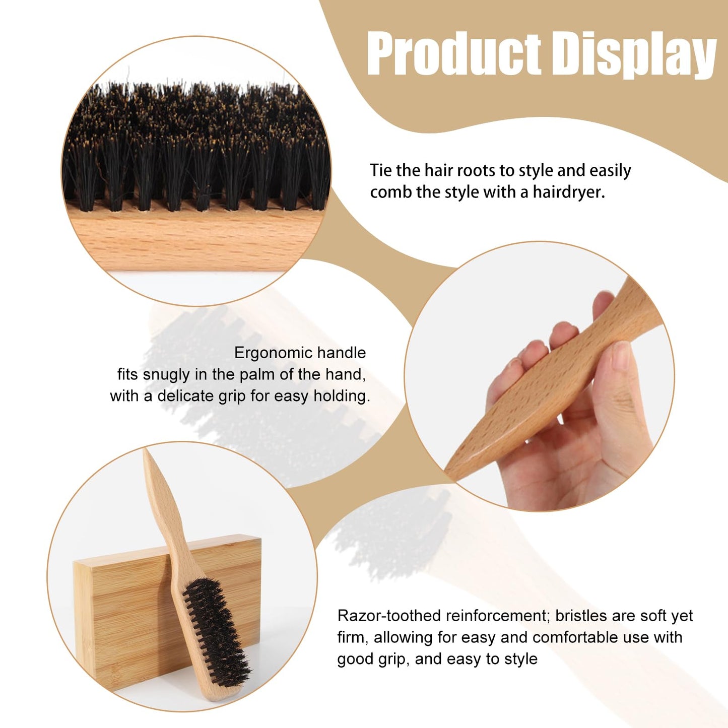 TRHDFW Boar Bristle Slick Back Hair Brush for Sleek Ponytail Bun Smoothing Baby Hairs Flyaways Edge Control Backcombing Teasing Hairbrush with Wide Rat Tail for Sectioning Parting
