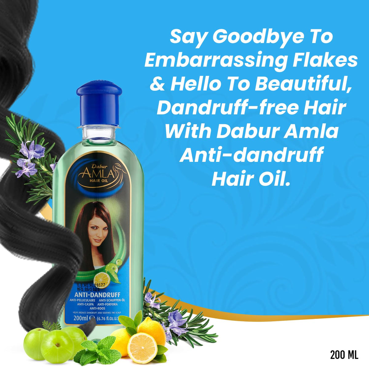 Dabur Amla Amla Anti-Dandruff Hair Oil - 200 ml, Reduce Dandruff, Enriched With Lemon & Rosemary, Makes Hair Strong & Beautiful
