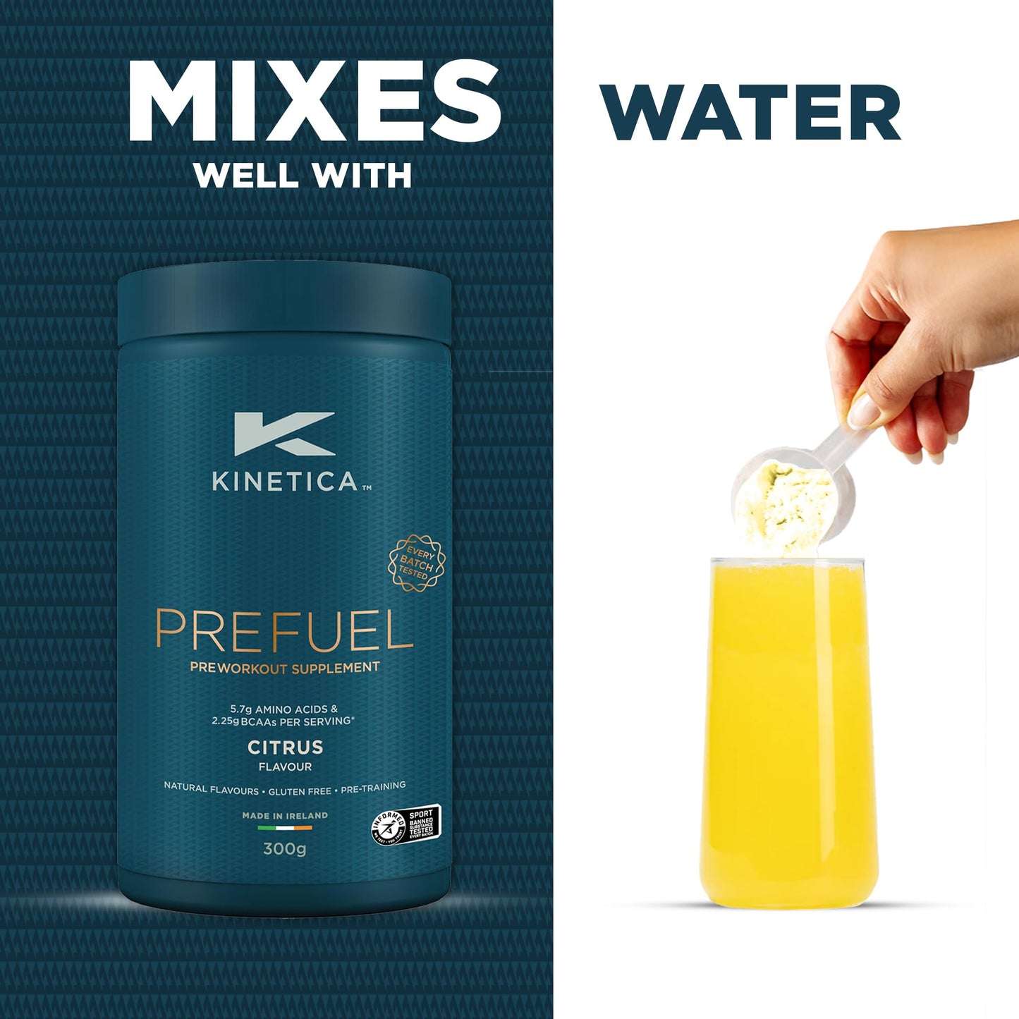 Kinetica Sports Prefuel Pre Workout -Citrus Flavour | 5.7g Amino Acids Blend,2.25g BCAA's & 92mg Caffeine/Serve, 30 Servings/300g| With Essential Vitamins, Minerals|Supports Performance & Energy Boost