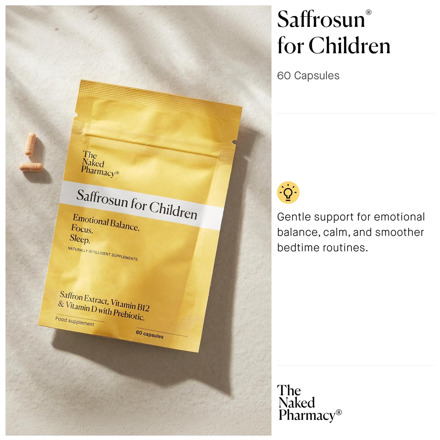 The Naked Pharmacy | Saffrosun for Children | Sleep & Balance | Natural Saffron Supplements with Vitamins D3 & B12 | High Strength | No Additives | Vegan | 60 Capsules