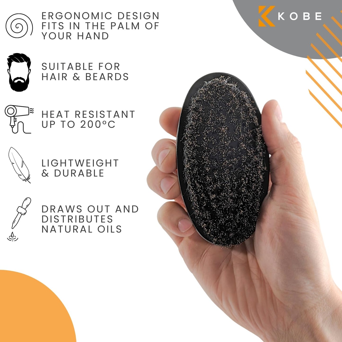Kobe Gable Palm Brush 100% Natural Boar Bristle Hair Brush/Beard Brush - Military Style Hair Brush - Works Well With Beard Oils - Dark Wood