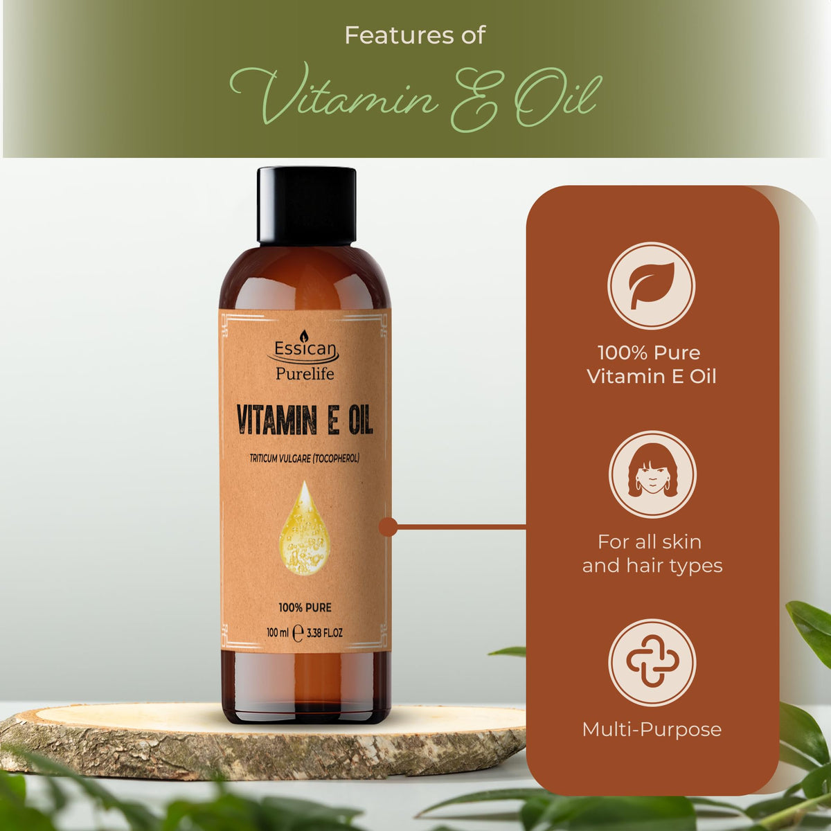 Essican Purelife Vitamin E Oil for Skin, Hair & Face Carrier Oils 100ml
