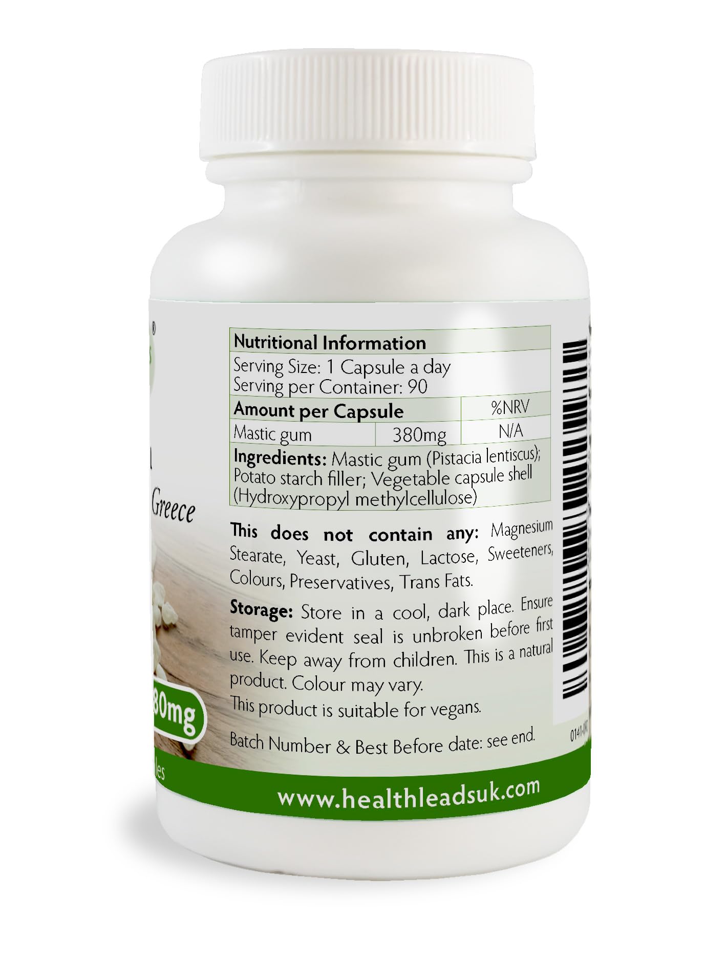 Health Leads ...Working With Nature Natural Greek Chios (Xios) Mastic Gum 380mg x 90 Capsules, 100% Authentc Mastiha from Greece, Vegan, Magnesium Stearate Free & No Nasties, Manufactured in Wales