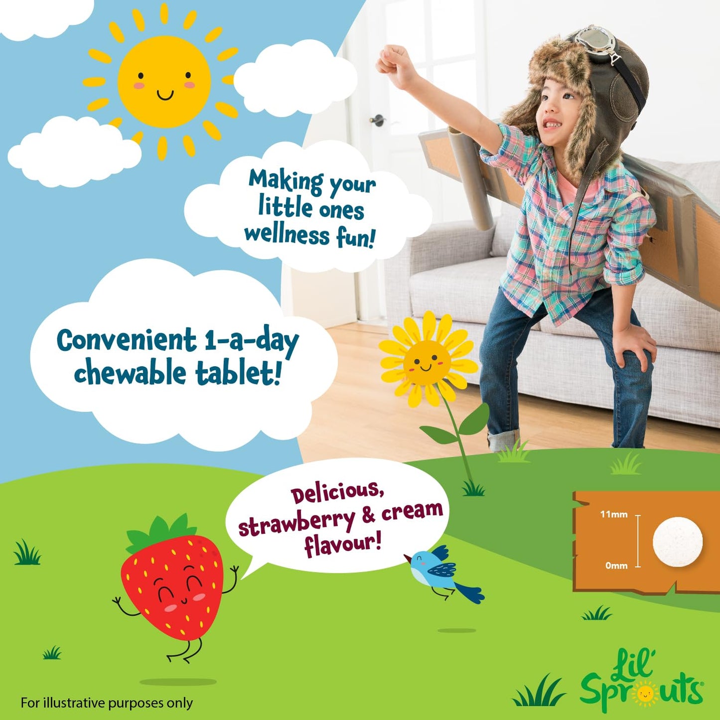 Kids Probiotics 3 Billion CFU | 60 Vegan Chewable Tablets | Natural Strawberry and Vanilla Flavour | Multi-Strain with Lactobacillus and Acidophilus | No Artificial Preservatives | by Lil' Sprouts