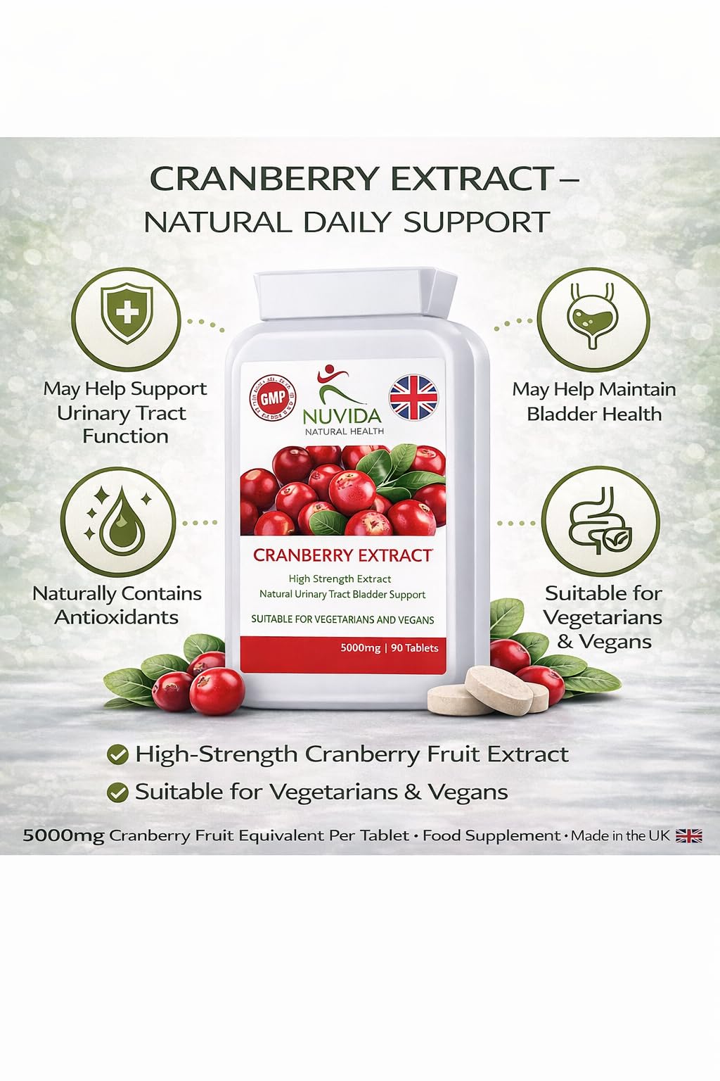 NUVIDA NATURAL HEALTH Nuvida High Strength Cranberry Tablets for Urinary infections, Cystitis and UTI Support - 90 Vegan Cranberry Extract Tablets - Cranberry Tablets for Women and Men