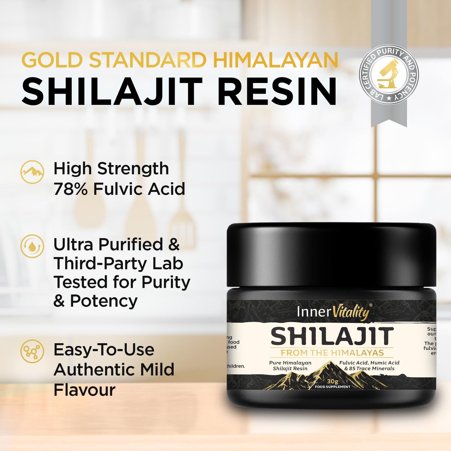 Inner Vitality Himalayan Shilajit Resin Gold Standard 78% Fulvic - 30g Natural Energy, Immunity & Mineral Supplement for Daily Wellness Support- Pure Authentic & Third-Party Tested