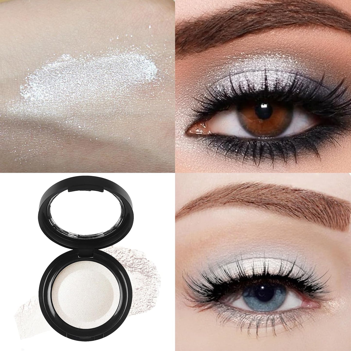 QUIWEN White Eyeshadow Single,Pressed Fine Powder Eyeshadow, High Shimmer Pearl Shadow Single White Eye Make-Up,Long-lasting Waterproof High Pigment Fine Powder Shadows for Highlighter