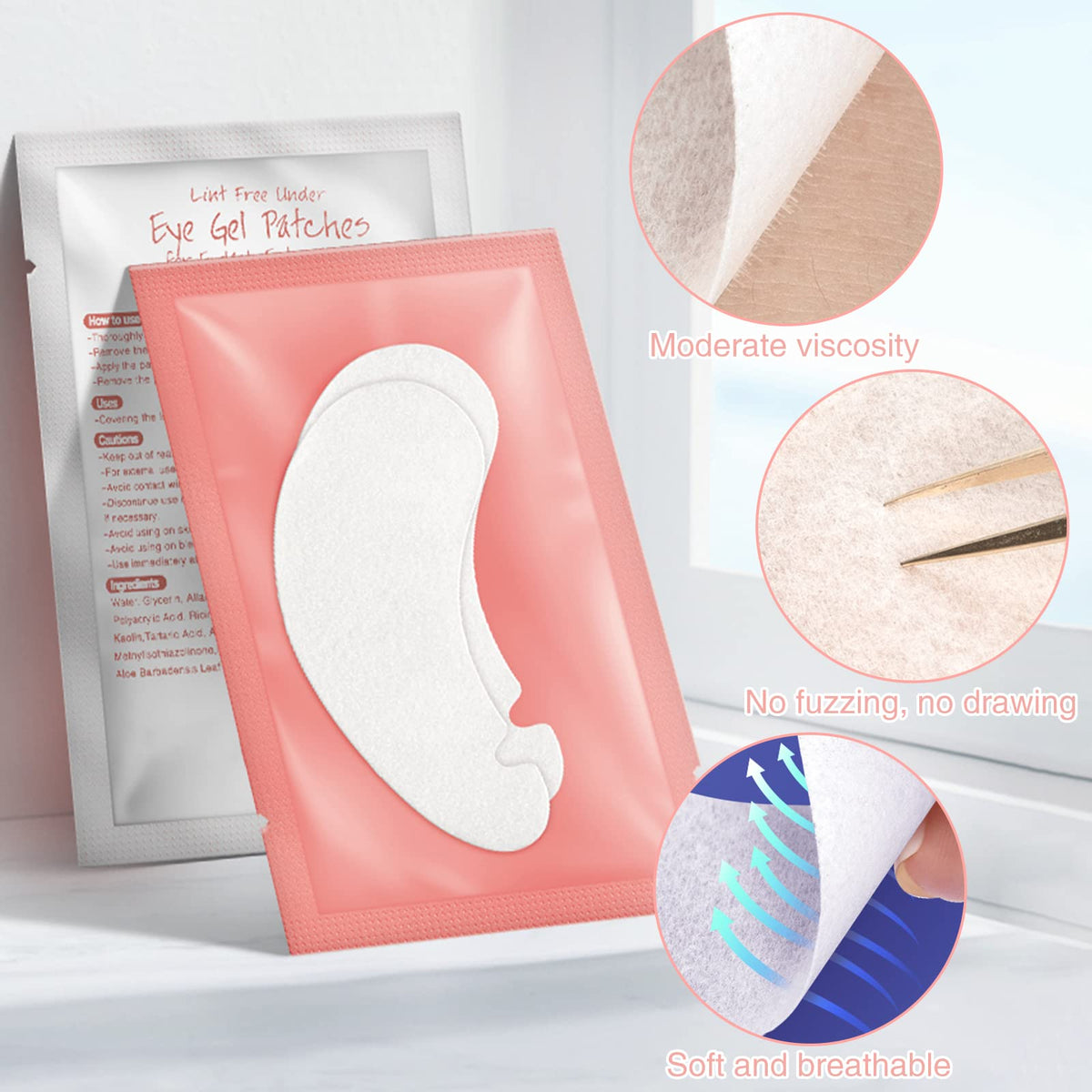 Lanjue 60 Pairs Under Eye Gel Pads, Pink Lint Free Eyelash Extension Pads with Tweezer Eye Patches Eyelash Lash Extension Lint Patches for Eyelash Extensions