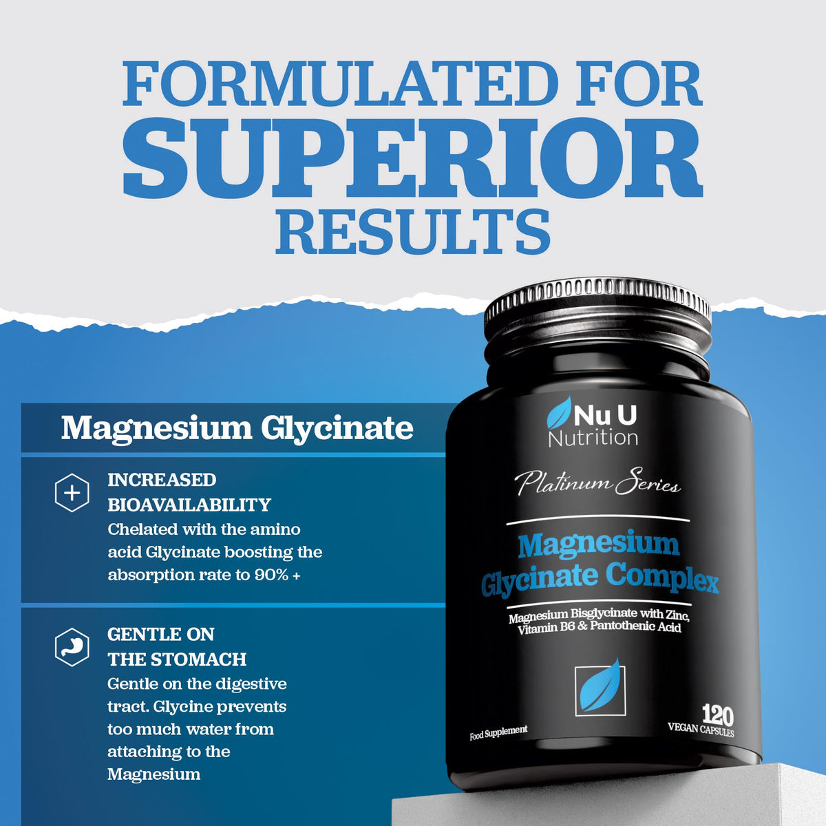 Magnesium Glycinate Complex with Vitamin B6, Zinc & Pantothenic Acid - 120 Vegan Capsules - 250mg Elemental Magnesium per Serving - High Strength Magnesium Bisglycinate - Nu U Nutrition