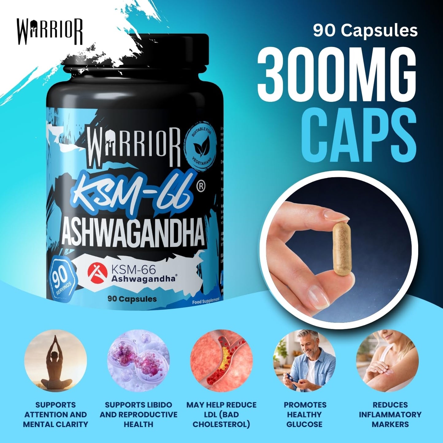 Warrior Ashwagandha KSM 66 – 300mg Ashwagandha Root Extract, High Strength Adaptogen for Stress Relief, Cortisol, Immune System Booster, & Energy Booster for Tiredness – Sleep Supplement – 90 Capsules