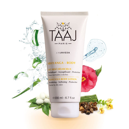 TAAJ | Lait Irisé Delhicieux | ABHYANGA | Hydrates, Protects & Softens | For supple, shower and refreshed skin | No Greasy Effect | 96% ingredients of natural origin | Cruelty Free | 200ml