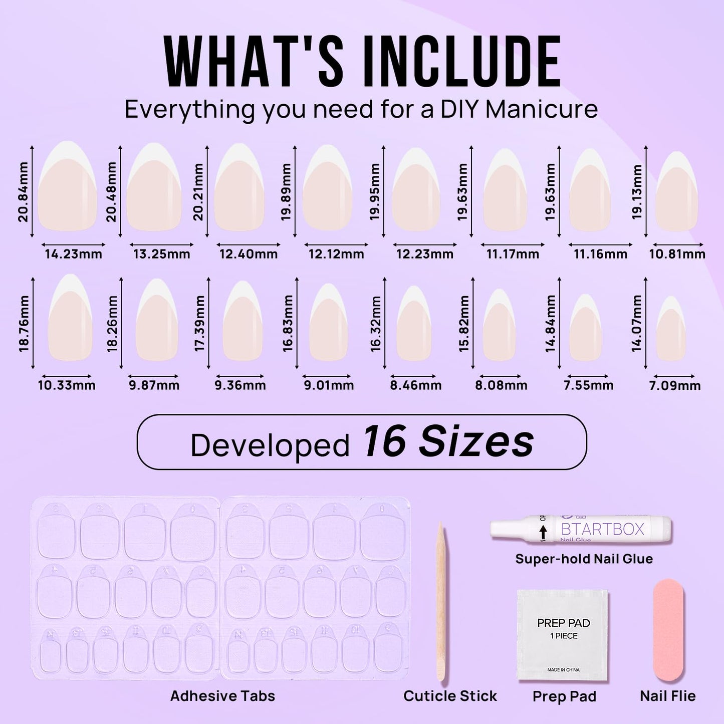 BTArtbox Press on Nails - Short Almond French Tip False Nails with Glue, 32Pcs Soft Gel Fake Nail in 16 Sizes, Reusable Semi-Transparent Stick on Nails for Women, White French