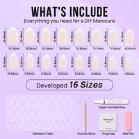BTArtbox Press on Nails - Short Almond French Tip False Nails with Glue, 32Pcs Soft Gel Fake Nail in 16 Sizes, Reusable Semi-Transparent Stick on Nails for Women, White French