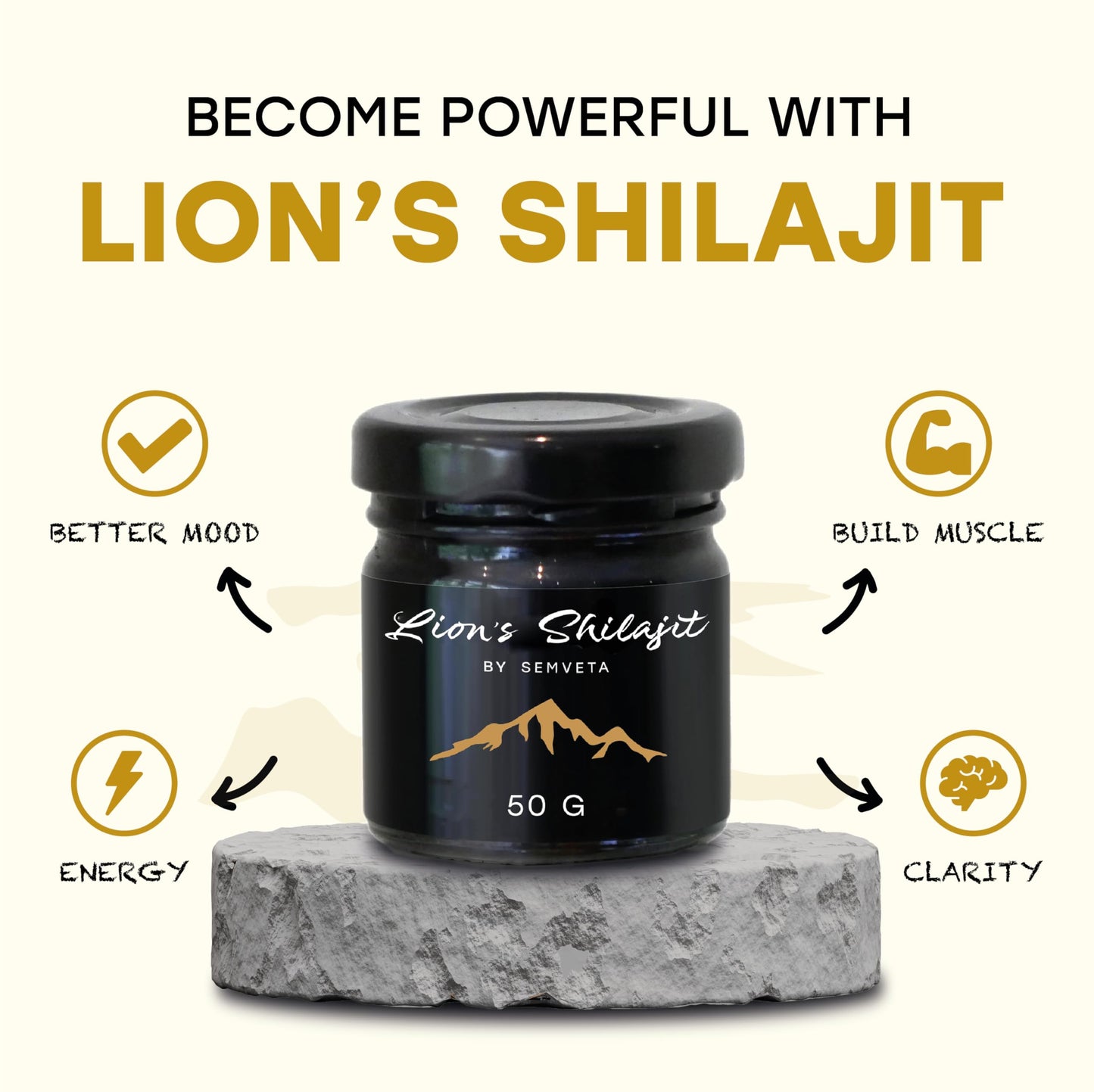Altai Shilajit Resin - 50g - Infused with Lion's Mane Mushroom - Cold Filtered Shilajit Nutrient Resin - 6 Months Supply, Vitality & Mental Clarity - Boosting Focus with Lions Mane Shilajit
