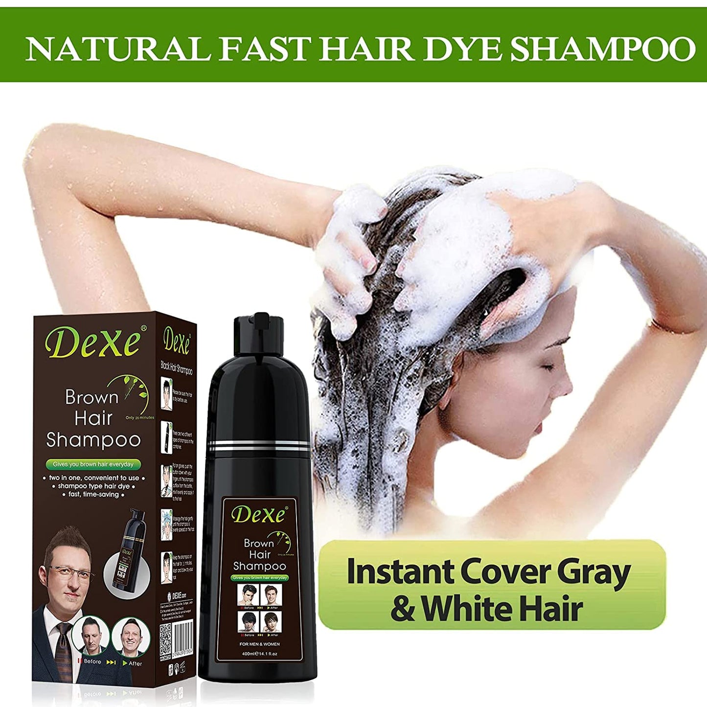 Amzsea Instant hair shampoo, hair dye shampoo for men and women - 100% grey coverage - quick and easy - lasts 30 days 3 in 1 black hair dye (Bottled Brown)