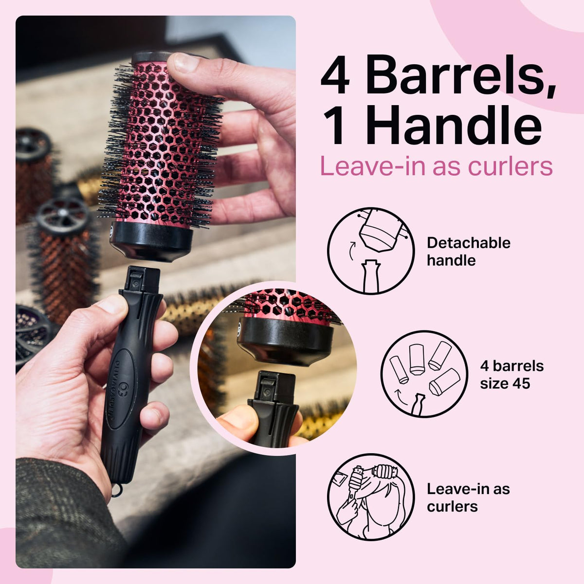 Olivia Garden Multibrush Curlers Kit - Size 45-4 Barrels of the Same Size & 1 Handle - Leave-In Barrels perfect for Curls and Volume