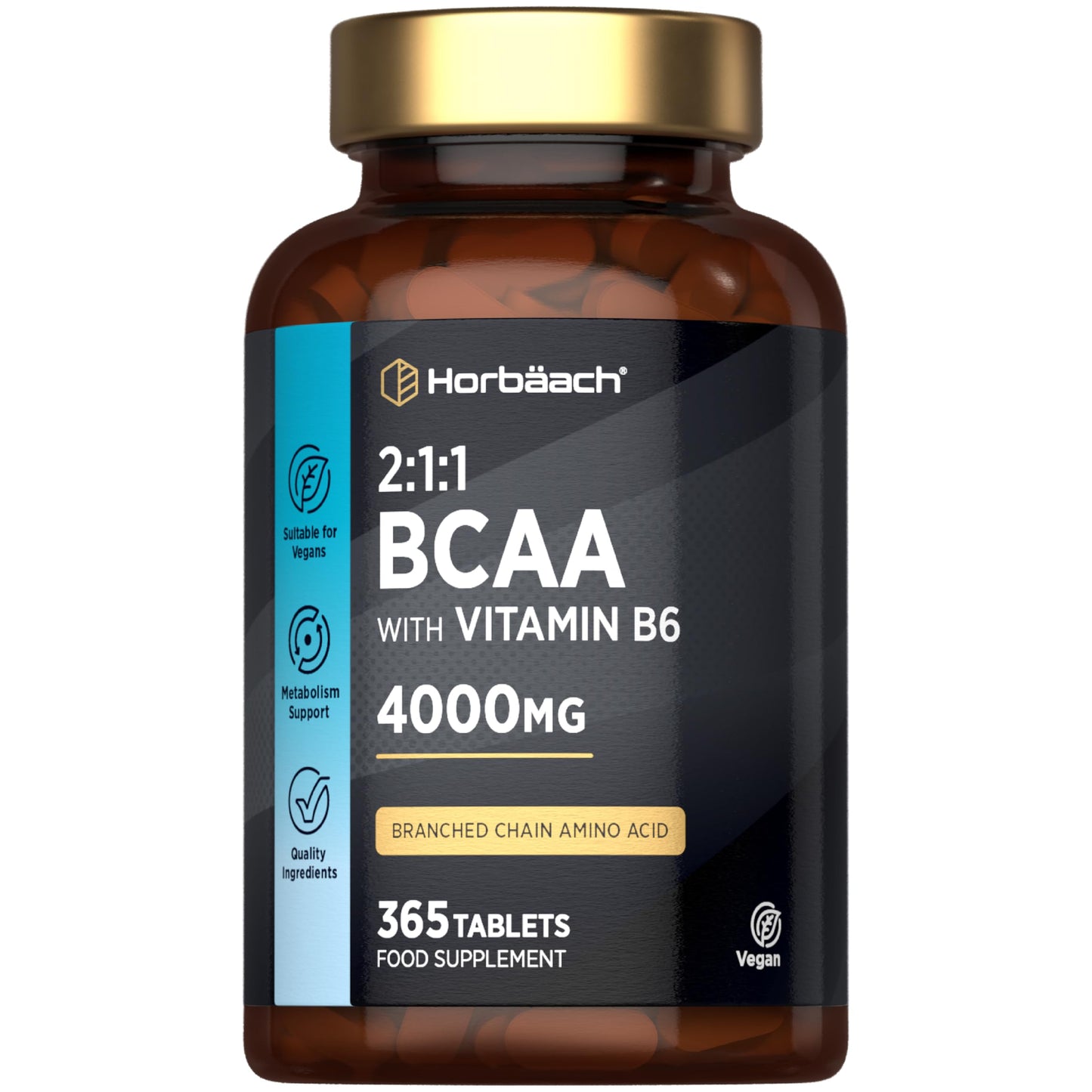 Horbäach BCAA Tablets | 4000mg BCAA per Serving | 3 Months Supply | Essential Amino Acid Supplement with Vitamin B6 | 365 Vegan Tablets | BCAA Powder and Capsules Alternative Pre Workout | by Horbaach