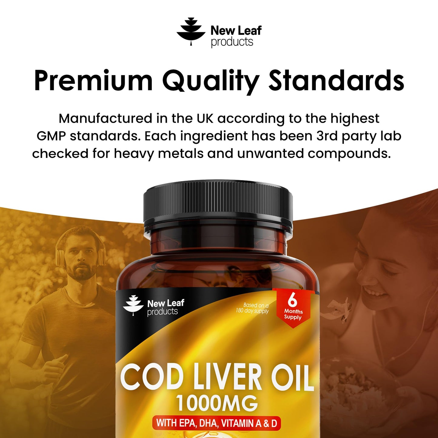 NEW LEAF PRODUCTS Cod Liver Oil Softgels 1000mg - 180 Cod Liver Soft gels High Strength Softgels- Cod Liver Oil Rich in Omega 3 EPA DHA Fatty Acids + Vitamins A & D, High Strength Fish Oil - UK Made, by New Leaf
