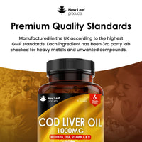 NEW LEAF PRODUCTS Cod Liver Oil Softgels 1000mg - 180 Cod Liver Soft gels High Strength Softgels- Cod Liver Oil Rich in Omega 3 EPA DHA Fatty Acids + Vitamins A & D, High Strength Fish Oil - UK Made, by New Leaf