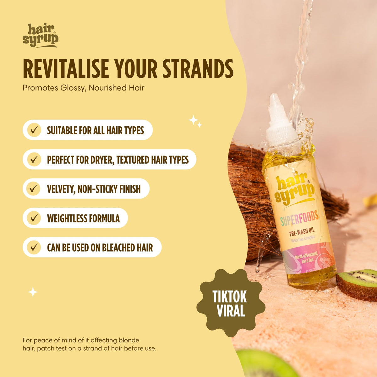 Hair Syrup | Superfoods Pre-Wash Hair Oil | Enriched with Coconut, Kiwi & Line | For Damaged, Dehydrated Hair Needing TLC | 12 Nutrient-Rich Ingredients | 100% Natural | 300ml Pump Bottle Applicator