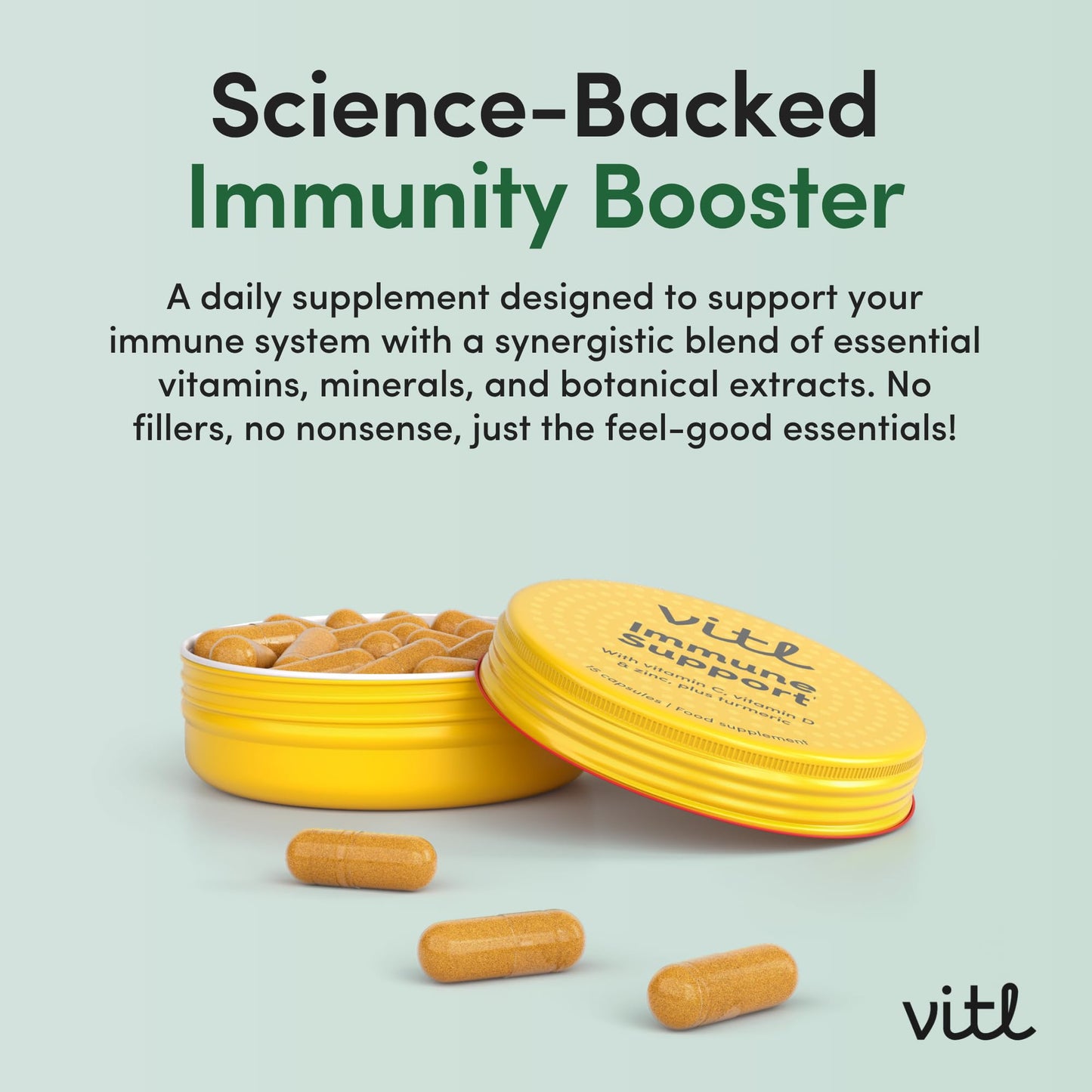 VITL Vitl Immune Support | Supports Everyday Immunity & Wellness | Immune Support Supplements with Vitamin D, Vitamin C, Zinc, Turmeric & Elderberry | Vegan Friendly | Pocket Tin (15)
