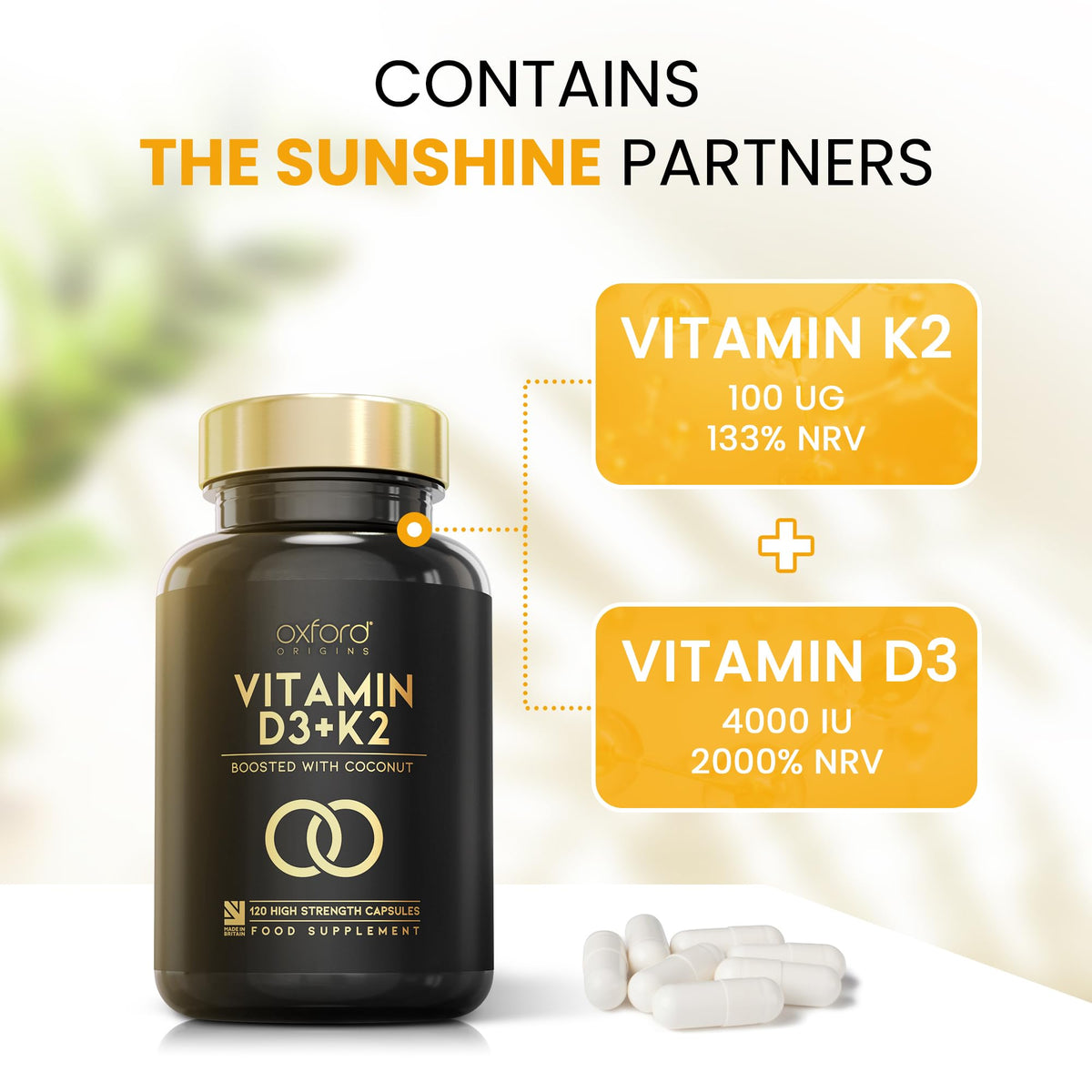 Oxford Origins Vitamin D3 K2 Capsules | Made in the UK | 4000 iu Vitamin D3 & 100mcg K2 MK7 | Boosted with Coconut MCTs for Absorption | 4 Month Supply - 240 Capsules