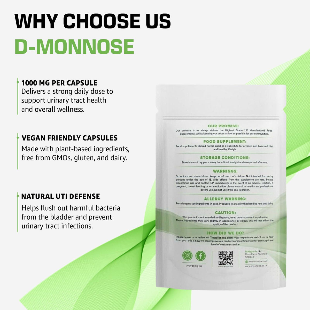 Bodygenix D-Mannose 1000mg Capsules High Strength UTI Treatment Immune System Support Vegan Food Supplement - 240 Capsules 8 Month Supply