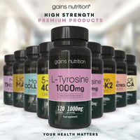 Gains Nutrition GN L Tyrosine | 120 High Strength L-Tyrosine Capsules - 1000mg Tyrosine per Serving | L-Tyrosine Supplement | Non-GMO, Gluten & Allergen Free | Made in The UK
