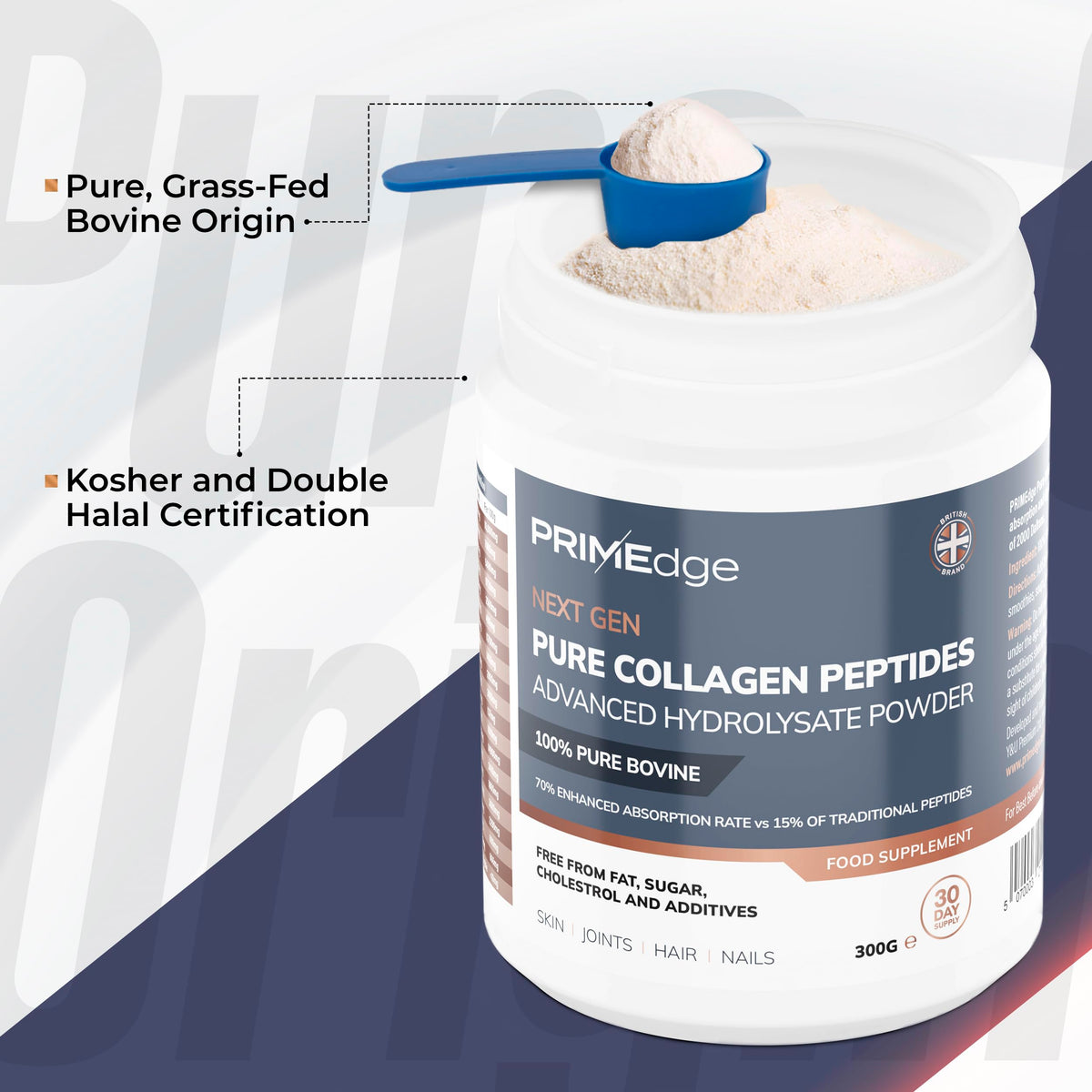 PRIMEdge Collagen Powder, Tasteless, Grass Fed, Collagen Peptides Supplement for Skin, Hair, Joints and Nail Support, Including 8 Essential Amino Acids (Type I, III), Halal & Kosher, 300g (30 Doses)