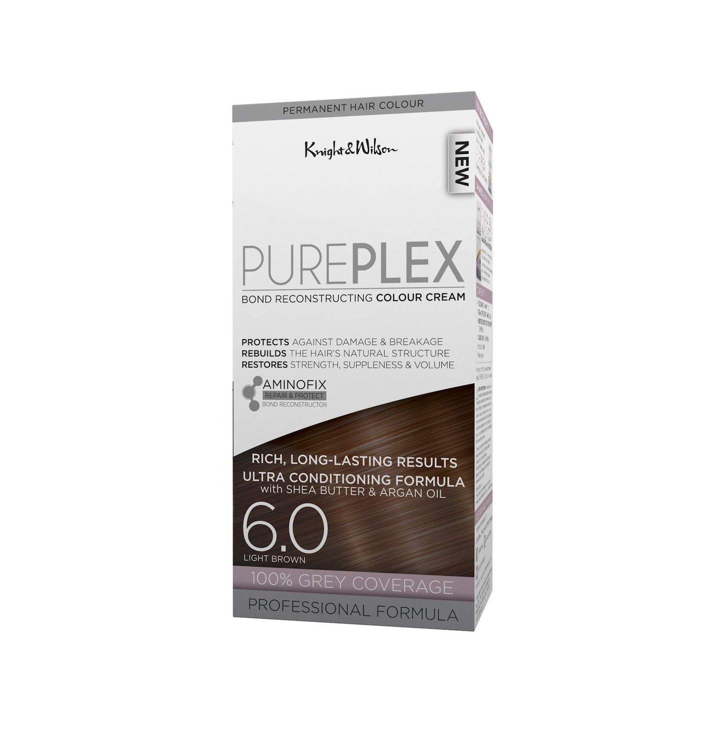 Knight & Wilson PurePlex Light Brown Permanent Hair Colour Dye. Protect, Restore and Nourish with Aminofix. 6.0 Light Brown. 100% Grey Coverage.