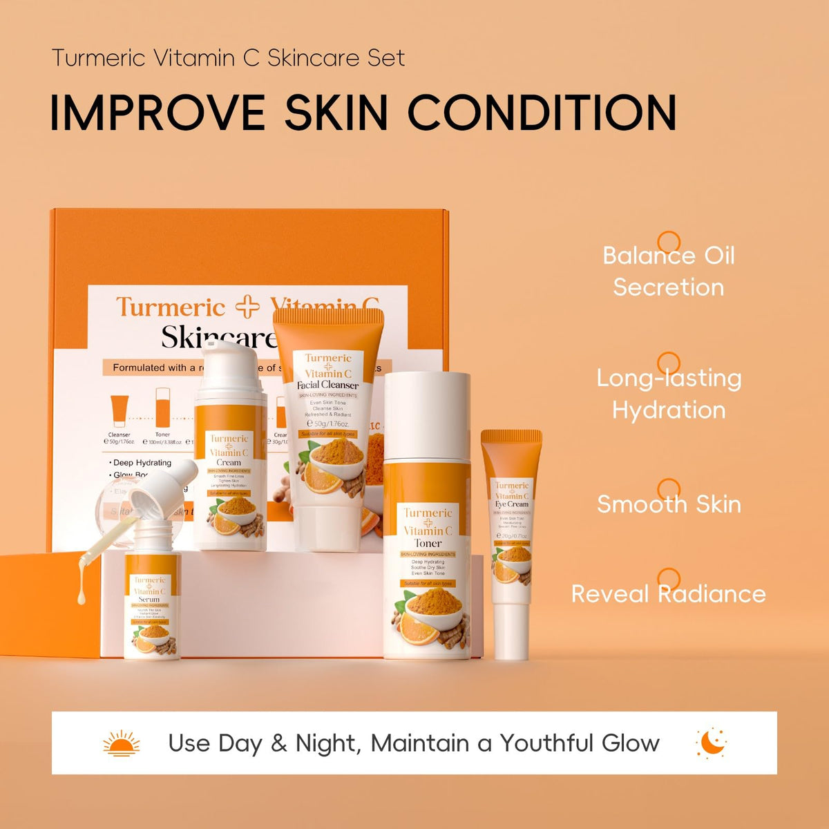 Weixinbuy Turmeric Vitamin C Skincare Set, 5 In 1 Women Gift Set Turmeric Face Cleanser Toner Serum Eye Cream and Face Cream, Even Skin Tone Anti Aging Skincare Gift Set (Turmeric + Vitamin C)