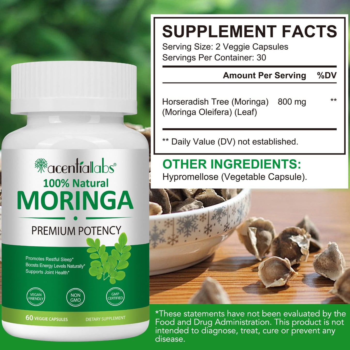FSLHCY Moringa Capsules 800mg, Rich Moringa Powder Supports Energy, Joint & Immunity & Gut Health, Overall Vitality, Pure Vegan Extract Non-GMO (60pcs)