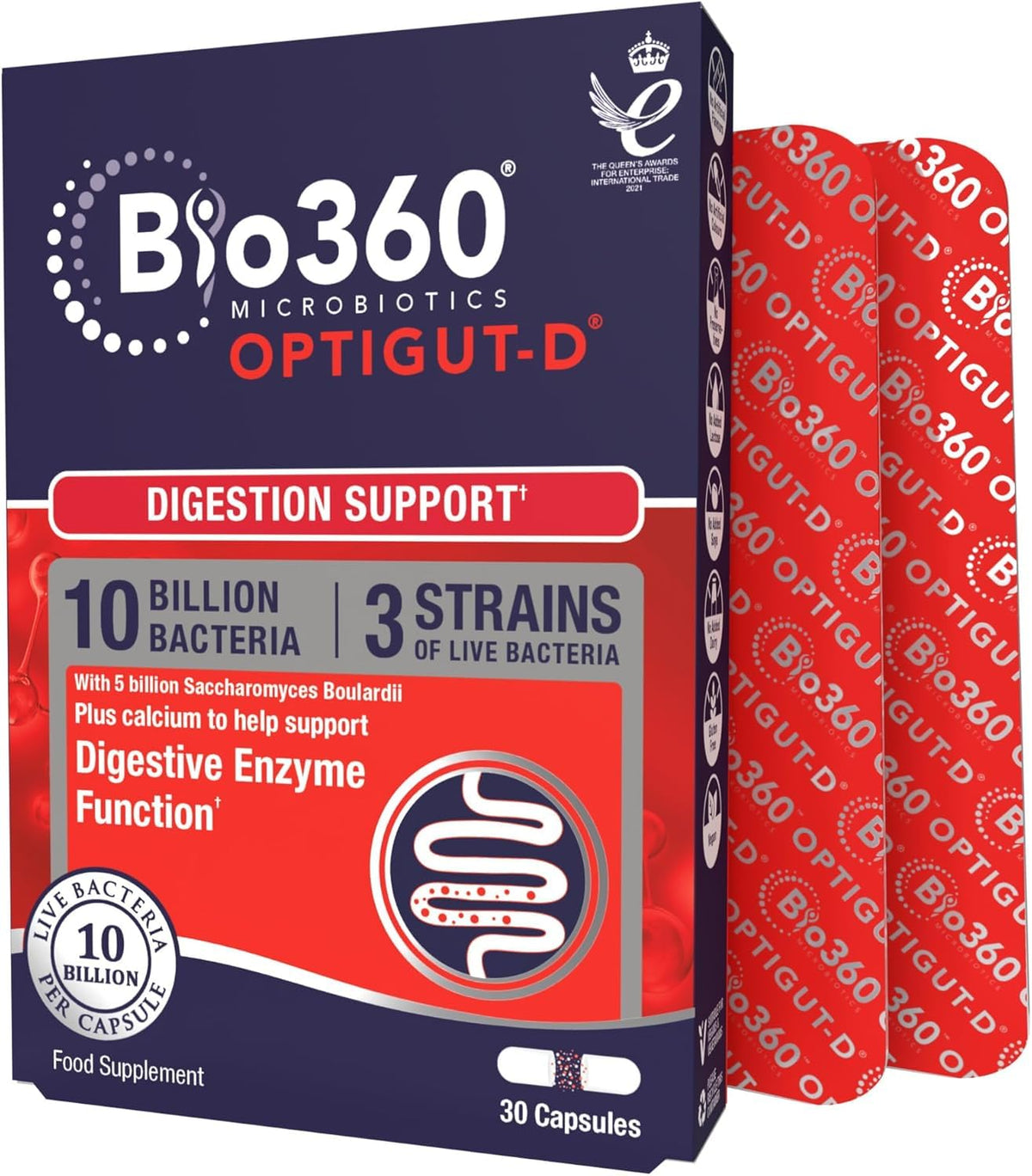 Natures Aid Bio360 OptiGUT-D (10 Billion Bacteria), Digestion Support, 30 Capsules (Pack of 5)