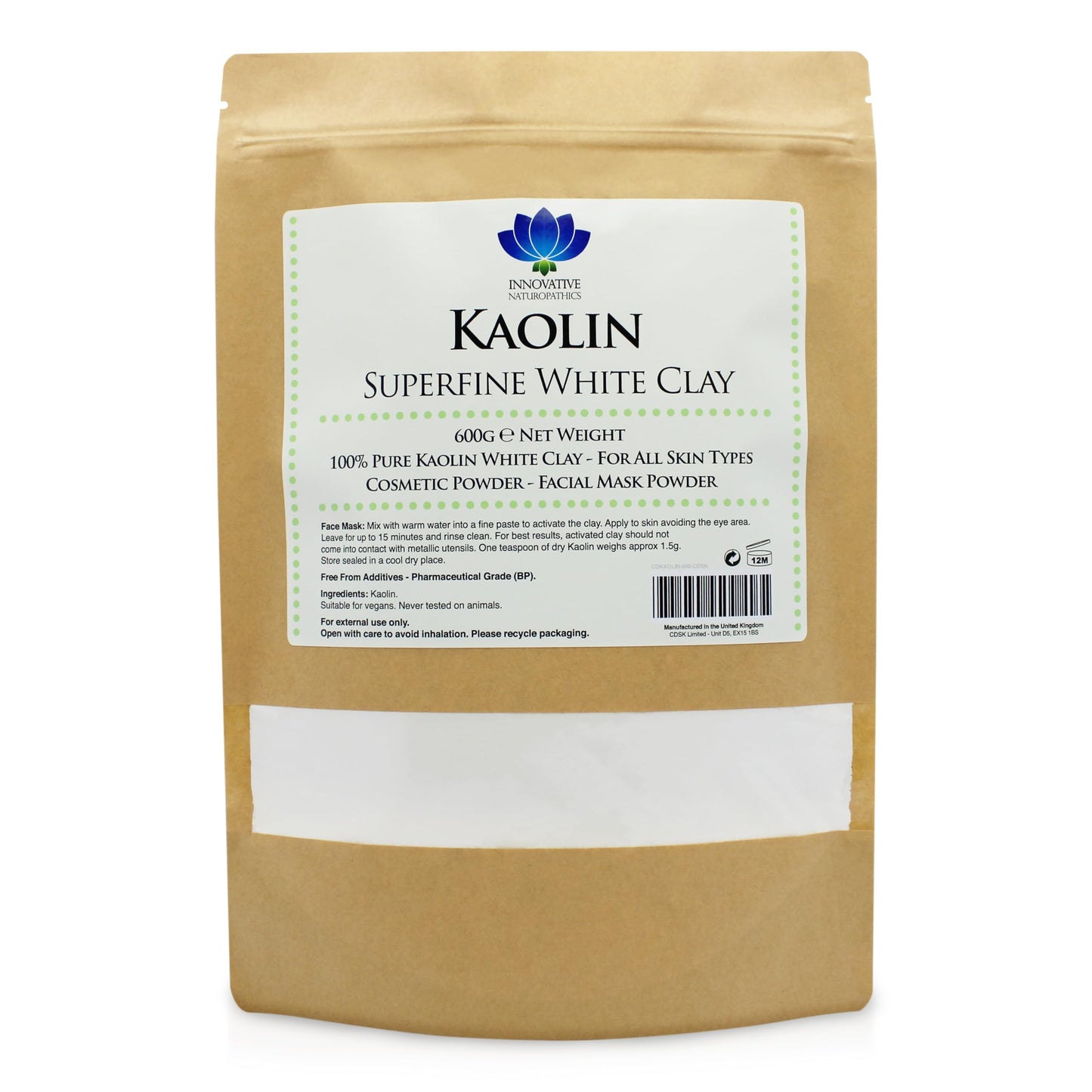 Innovative Naturopathics Kaolin - Pharmaceutical Grade - Superfine White Clay - 600g Packet