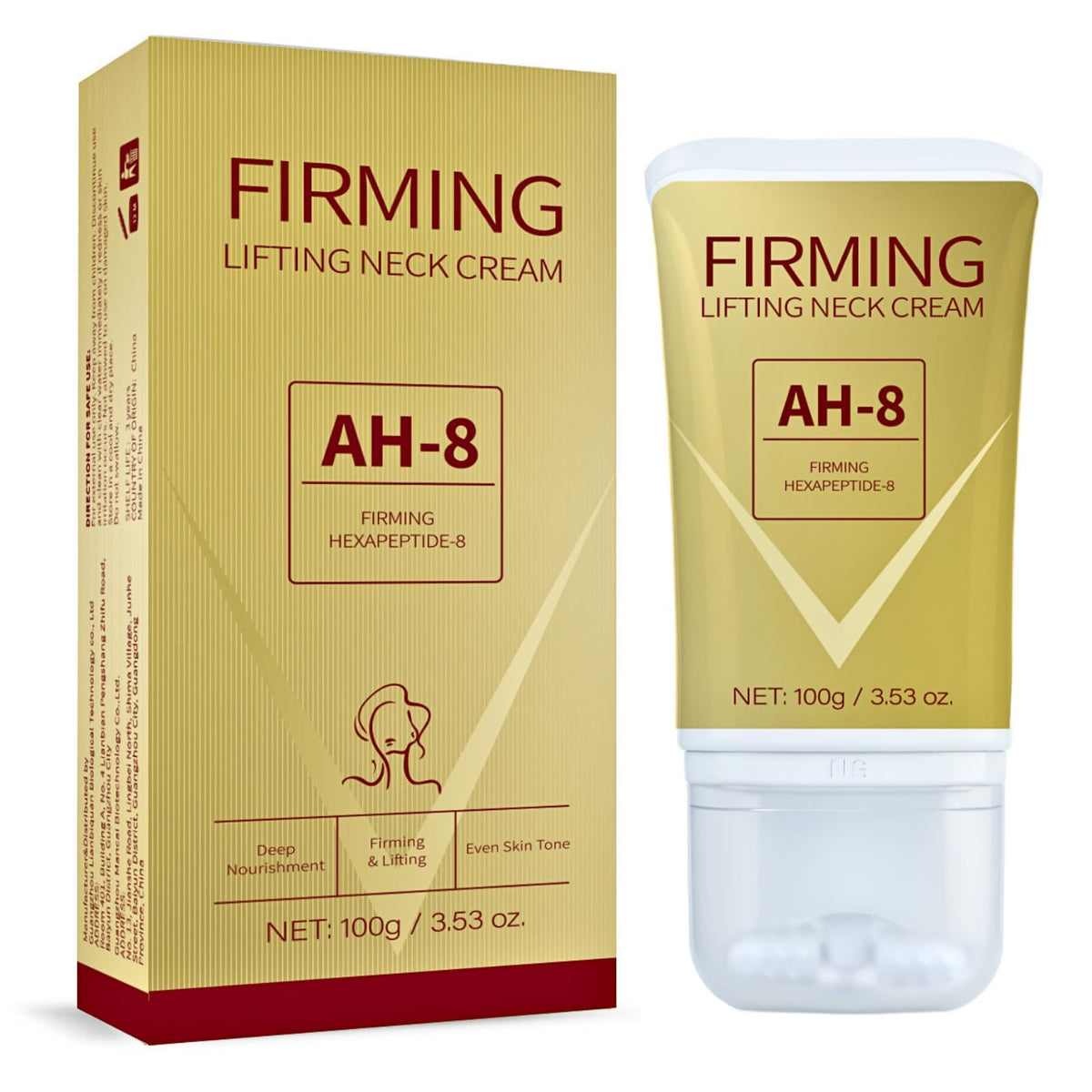 TBeautfave AH-8 Firming Neck Cream, Neck Firming Cream with Double Massage Roller, Tighten and Lift Neck Cream for Sagging Skin, Double Chin Reducer, Fade Fine Lines & Anti-Wrinkle, Moisturizing