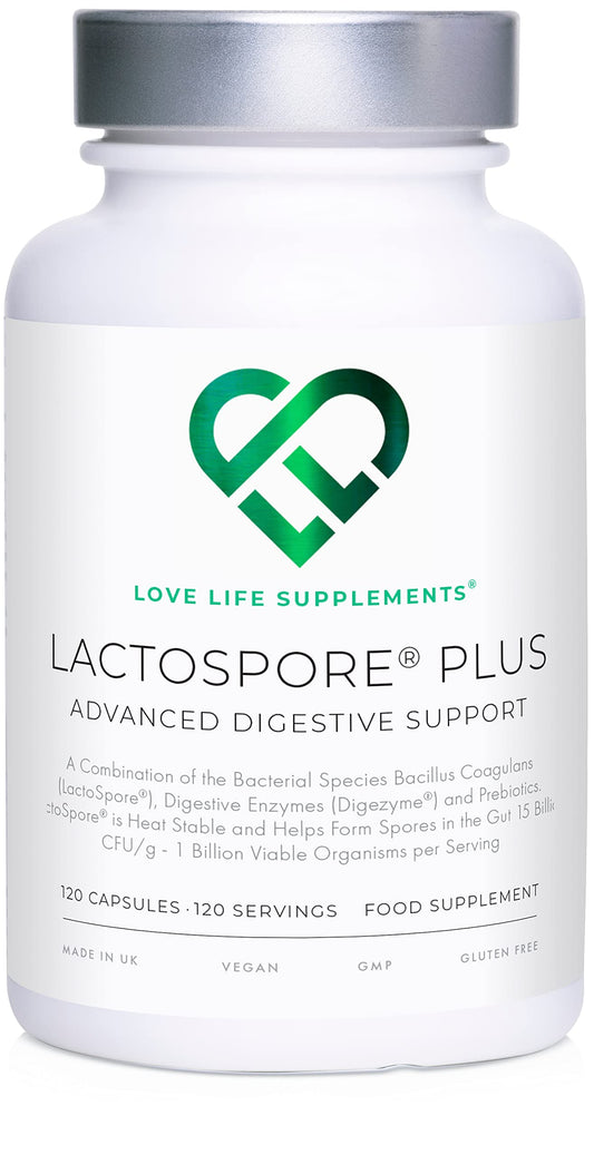 LactoSpore® (Bacillus Coagulans) Plus Spore Based Probiotic | 120 Capsules - 4 Month Supply | Bloating Relief/Gut Health | 15 Billion CFU/g | Includes Digestive Enzymes & Prebiotic Inulin | UK Made