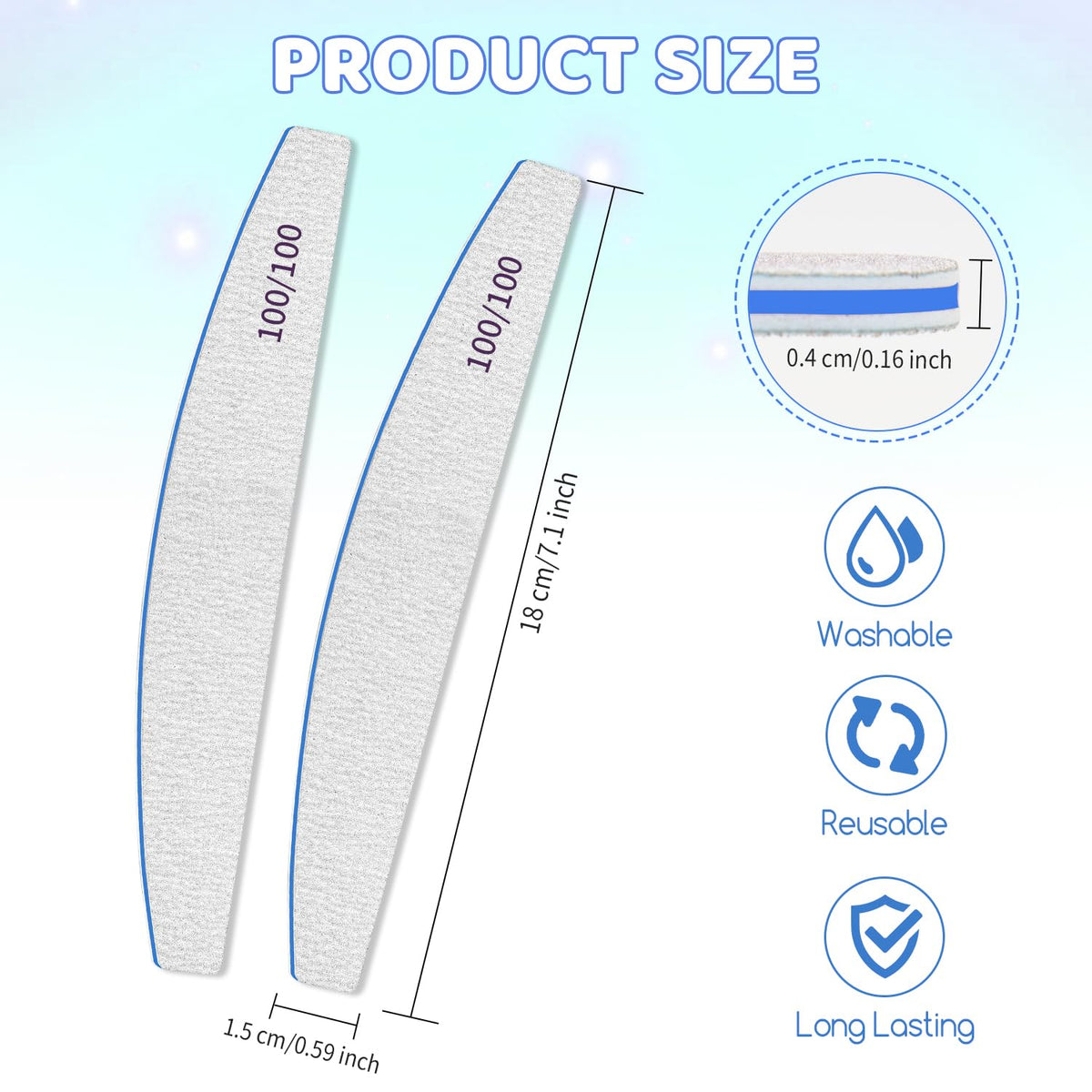 Selistamm 12 PCS Double Sided Emery Board Nail Files, 100/100 Grit for Acrylic & Natural Nails, Washable & Reusable