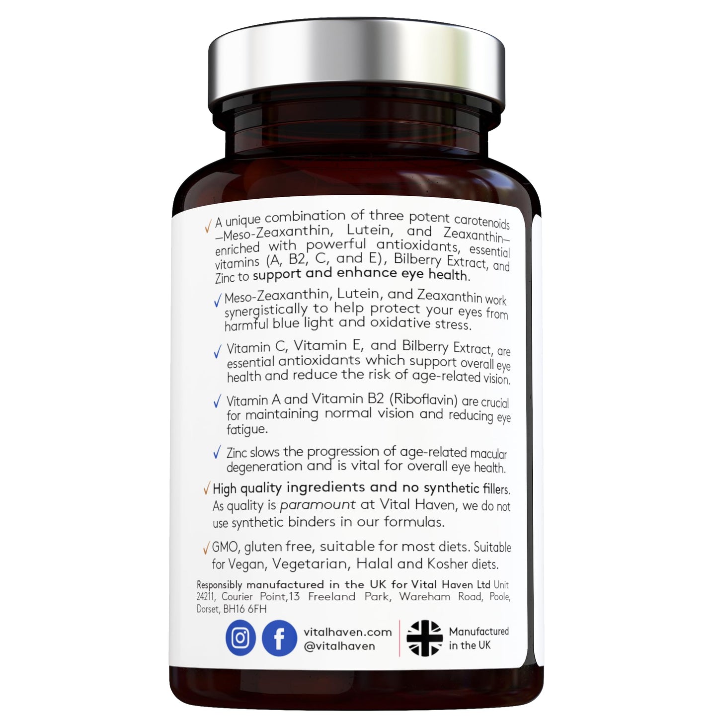 Vital Haven Complex Triple Action Formula - Meso Zeaxanthin + Lutein + Zeaxanthin with Bilberry and Vitamin C/A/E/B2 with Zinc for Maximum Absorption - Max Potency - Premium Ingredients - Vegan - Made in The UK