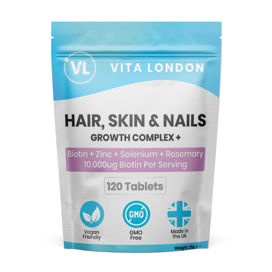 VL Vita London Biotin for Hair Growth Women & Men 10,000ug | Hail, Skin and Nails Vitamins Growth Complex with Zinc & Selenium & Rosemary | 120 Biotin Tablets (not Gummies, Capsules or serum) | Vegan, UK Made